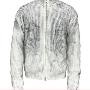High Neck Cardigan Sweater with Carbon Stain Design and YKK Zipper – Trendy 90s-Inspired Dirty Dyed Knitwear