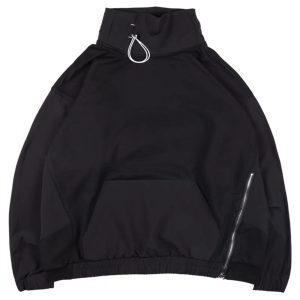 High-Neck Half-Zip Drawstring Sweatshirt - American Retro High Street Black Windbreaker for Y2K Style and Functional Fashion