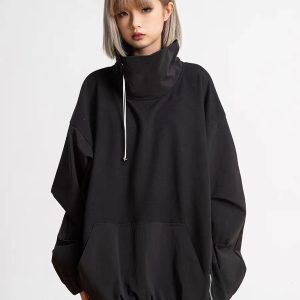 High-Neck Half-Zip Drawstring Sweatshirt - American Retro High Street Black Windbreaker for Y2K Style and Functional Fashion