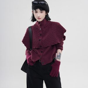 High-Neck Long Sleeve Knitted Cardigan Sweater Coat for Women - Solid Color, Fake Two-Piece, Korean Autumn Winter Style