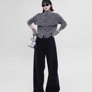 High-Neck Long Sleeve Knitted Cardigan Sweater Coat for Women - Solid Color, Fake Two-Piece, Korean Autumn Winter Style