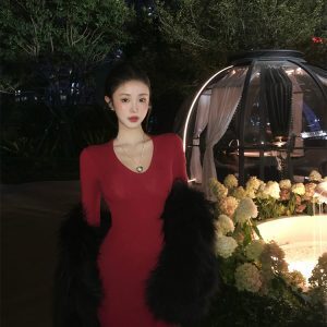 High Neck Shawl Dress - Retro Bodycon Skirt in Hong Kong Style for Women - Autumn Winter 2024 Fashion