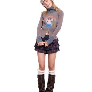 High-Neck Zipper Slim-Fit Knitted Cardigan with Original Graffiti Print for Trendy Y2K Style