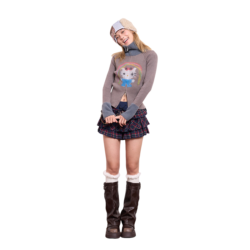 High-Neck Zipper Slim-Fit Knitted Cardigan with Original Graffiti Print for Trendy Y2K Style
