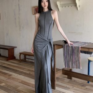 High-Quality Gray Modal Bodycon Vest Dress - Slim Fit Faux Two-Piece Sexy Long Dress for Women - Summer Fashion Essential