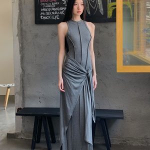 High-Quality Gray Modal Bodycon Vest Dress - Slim Fit Faux Two-Piece Sexy Long Dress for Women - Summer Fashion Essential