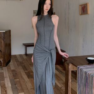 High-Quality Gray Modal Bodycon Vest Dress - Slim Fit Faux Two-Piece Sexy Long Dress for Women - Summer Fashion Essential