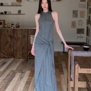 High-Quality Gray Modal Bodycon Vest Dress - Slim Fit Faux Two-Piece Sexy Long Dress for Women - Summer Fashion Essential