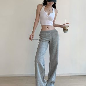 High-Quality Low-Waist Drawstring Straight-Leg Flared Pants - Youthful Casual Style for Leg-Lengthening Look