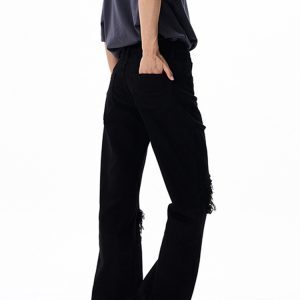 High Street Black Micro-Flare Ripped Jeans for Men and Women - Slim Fit, Flattering Versatile Long Pants for Summer Style