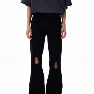 High Street Black Micro-Flare Ripped Jeans for Men and Women - Slim Fit, Flattering Versatile Long Pants for Summer Style