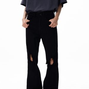 High Street Black Micro-Flare Ripped Jeans for Men and Women - Slim Fit, Flattering Versatile Long Pants for Summer Style