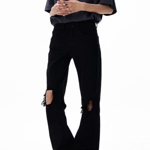 High Street Black Micro-Flare Ripped Jeans for Men and Women - Slim Fit, Flattering Versatile Long Pants for Summer Style
