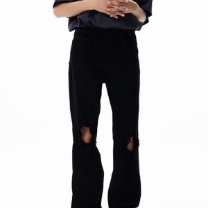 High Street Black Micro-Flare Ripped Jeans for Men and Women - Slim Fit, Flattering Versatile Long Pants for Summer Style