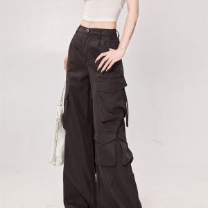 High Street Black Multi-Pocket Tapered Cargo Pants for Women - Loose BF Style Wide-Leg 2025 Trendy Fashion