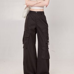 High Street Black Multi-Pocket Tapered Cargo Pants for Women - Loose BF Style Wide-Leg 2025 Trendy Fashion