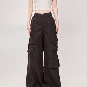 High Street Black Multi-Pocket Tapered Cargo Pants for Women - Loose BF Style Wide-Leg 2025 Trendy Fashion