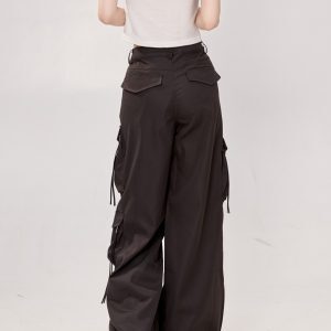 High Street Black Multi-Pocket Tapered Cargo Pants for Women - Loose BF Style Wide-Leg 2025 Trendy Fashion
