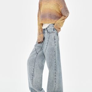 High Street Blue Washed Distressed Loose Wide-Leg Straight-Leg Long Jeans for Spring 90s Y2K Style