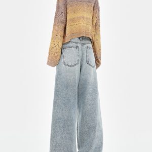 High Street Blue Washed Distressed Loose Wide-Leg Straight-Leg Long Jeans for Spring 90s Y2K Style