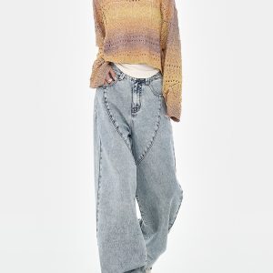 High Street Blue Washed Distressed Loose Wide-Leg Straight-Leg Long Jeans for Spring 90s Y2K Style