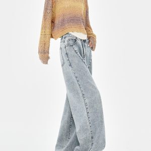 High Street Blue Washed Distressed Loose Wide-Leg Straight-Leg Long Jeans for Spring 90s Y2K Style