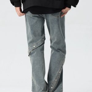 High Street Flared Denim Pants for Men and Women - Loose Straight Fit, Button Detail, Casual Vibe, Y2K Style