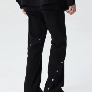 High Street Flared Denim Pants for Men and Women - Loose Straight Fit, Button Detail, Casual Vibe, Y2K Style