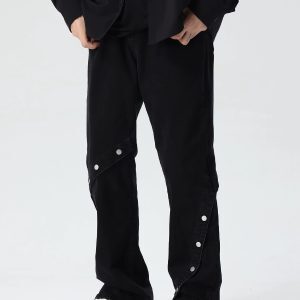 High Street Flared Denim Pants for Men and Women - Loose Straight Fit, Button Detail, Casual Vibe, Y2K Style