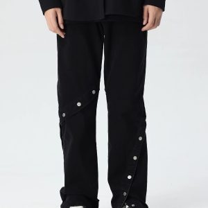 High Street Flared Denim Pants for Men and Women - Loose Straight Fit, Button Detail, Casual Vibe, Y2K Style