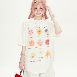High Street Floral Print White Round Neck Short Sleeve T-Shirt for Women - Casual Versatile Summer Top 2025, 90s Inspired Fashion