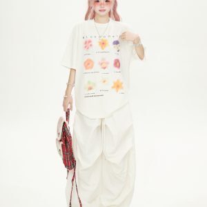 High Street Floral Print White Round Neck Short Sleeve T-Shirt for Women - Casual Versatile Summer Top 2025, 90s Inspired Fashion
