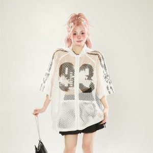 High Street Mesh Letter Print Hooded Short Sleeve Jacket - Women's Trendy Layered Summer Cardigan, Y2K Style