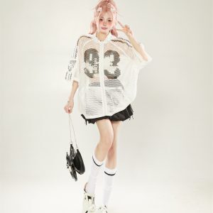 High Street Mesh Letter Print Hooded Short Sleeve Jacket - Women's Trendy Layered Summer Cardigan, Y2K Style