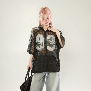 High Street Mesh Letter Print Hooded Short Sleeve Jacket - Women's Trendy Layered Summer Cardigan, Y2K Style