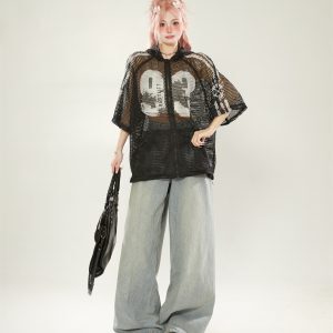 High Street Mesh Letter Print Hooded Short Sleeve Jacket - Women's Trendy Layered Summer Cardigan, Y2K Style