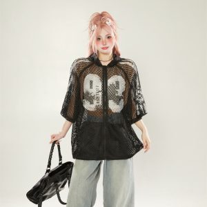 High Street Mesh Letter Print Hooded Short Sleeve Jacket - Women's Trendy Layered Summer Cardigan, Y2K Style
