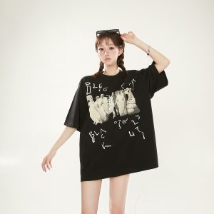 High Street Retro Character Print Short Sleeve T-Shirt for Women, Casual Loose Fit Summer Top, 90s Y2K Fashion Trend