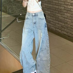High Street Ripped Curved Knife Jeans for Women - Loose Wide-Leg Summer Design, Slimming Straight-Leg Floor-Length Pants