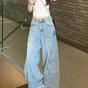 High Street Ripped Curved Knife Jeans for Women - Loose Wide-Leg Summer Design, Slimming Straight-Leg Floor-Length Pants