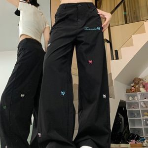 High Street Women's Black Embroidered Wide-Leg Floor-Length Pants - Casual Versatile High-Waisted Loose Fit