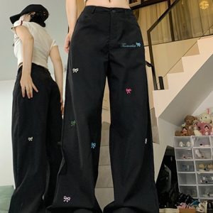 High Street Women's Black Embroidered Wide-Leg Floor-Length Pants - Casual Versatile High-Waisted Loose Fit