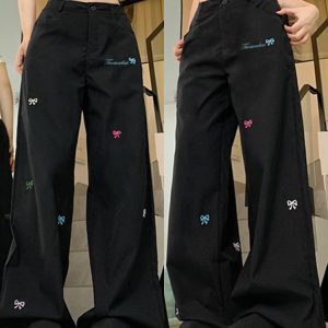 High Street Women's Black Embroidered Wide-Leg Floor-Length Pants - Casual Versatile High-Waisted Loose Fit