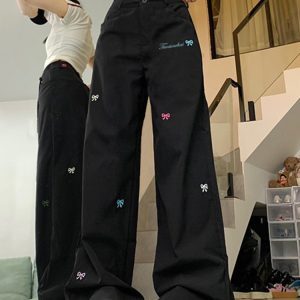 High Street Women's Black Embroidered Wide-Leg Floor-Length Pants - Casual Versatile High-Waisted Loose Fit