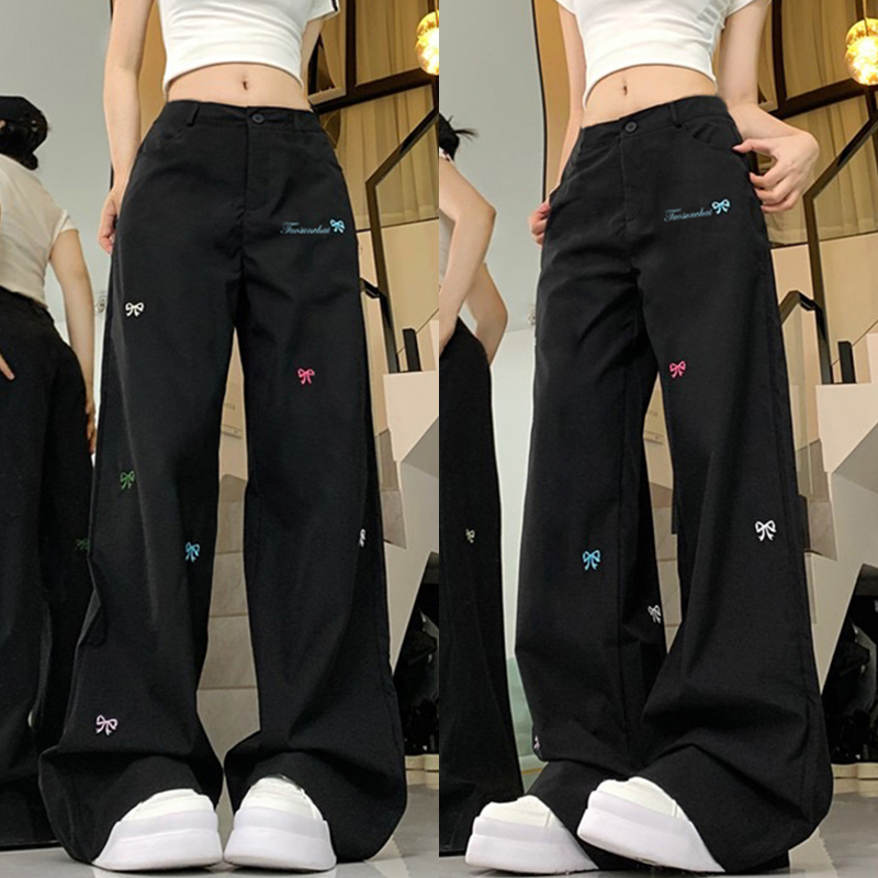 High Street Women's Black Embroidered Wide-Leg Floor-Length Pants - Casual Versatile High-Waisted Loose Fit