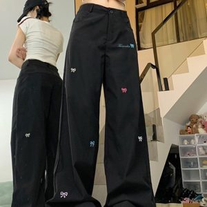 High Street Women's Black Embroidered Wide-Leg Floor-Length Pants - Casual Versatile High-Waisted Loose Fit