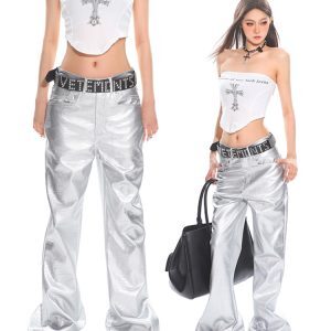 High Street Women's Cool Silver Leather Pants – Autumn Winter Casual Straight Leg Slight Flare Floor-Length Trousers