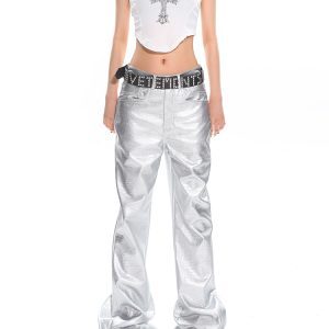 High Street Women's Cool Silver Leather Pants – Autumn Winter Casual Straight Leg Slight Flare Floor-Length Trousers