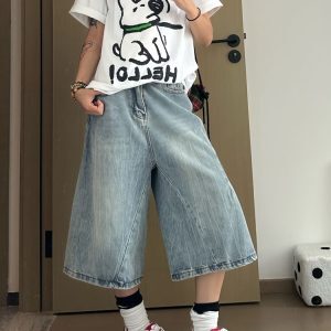 High Street Women’s Washed Denim Seven-Point Shorts - Retro Loose Slim Straight Wide-Leg Summer Fashion
