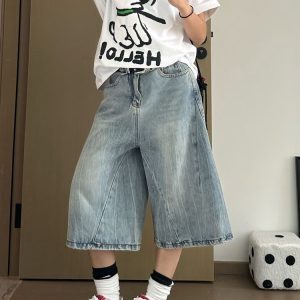 High Street Women’s Washed Denim Seven-Point Shorts - Retro Loose Slim Straight Wide-Leg Summer Fashion